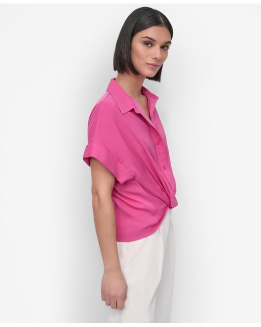 DKNY Pink Twist-hem Textured Camp Shirt