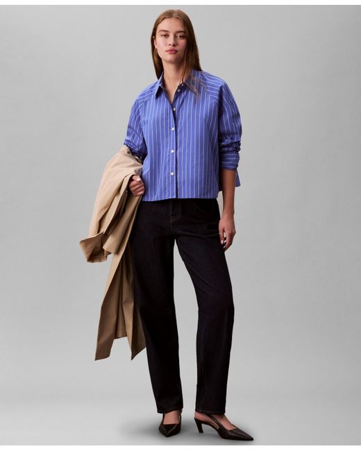 Calvin Klein Blue Stripe Boxy Cotton Crop Shirt