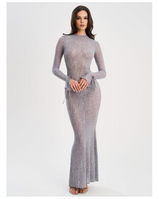 Miss Circle White Waylynn Gray Animal Print Burnout Velvet Detail Mesh Backless Maxi Dress