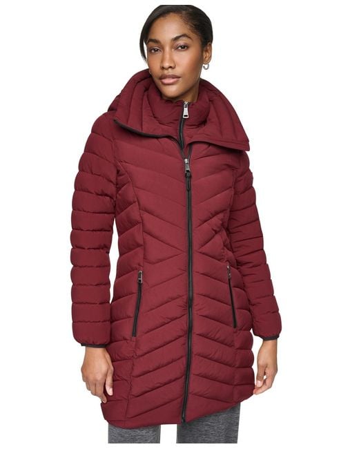 DKNY Red Bibbed Packable Puffer Coat