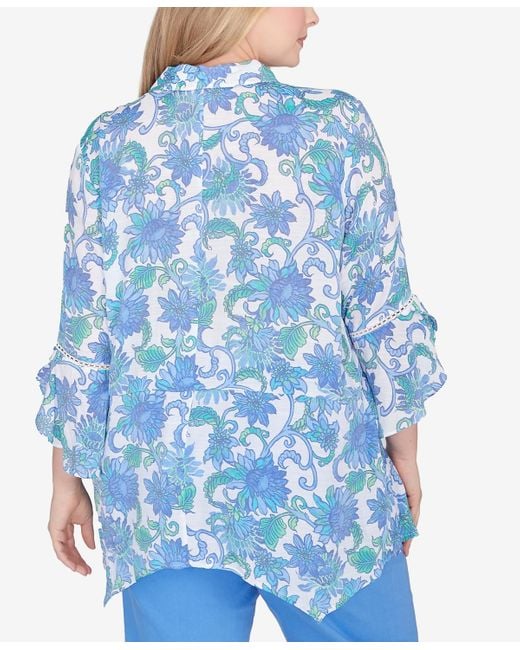 Ruby Rd Blue Plus Size Bali Floral Top