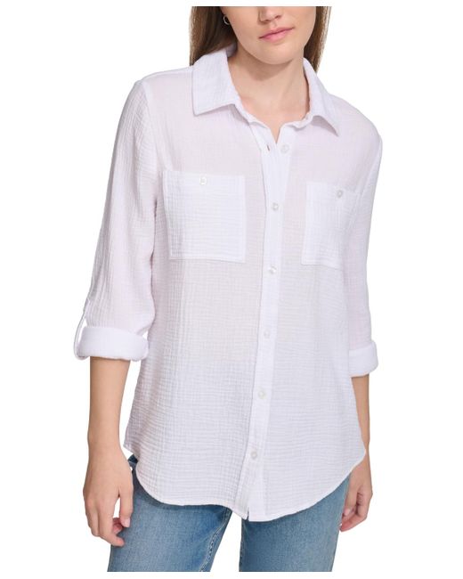 Calvin Klein White Double-crepe Button-down Roll-tab-sleeve Shirt