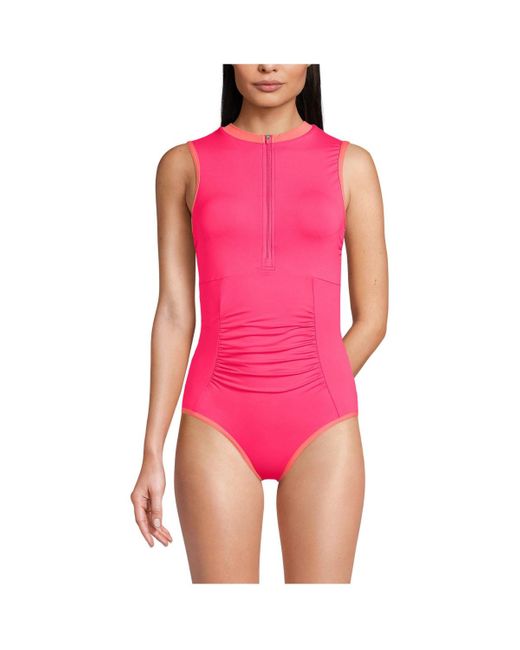 Lands' End Pink Chlorine Resistant High Neck Zip Front One Piece Swimsuit