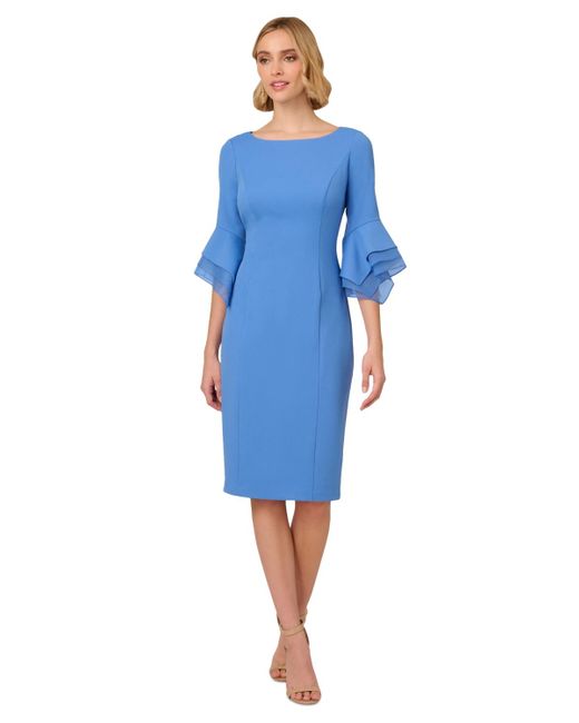 Adrianna Papell Blue Tiered-cuff 3/4-sleeve Sheath Dress