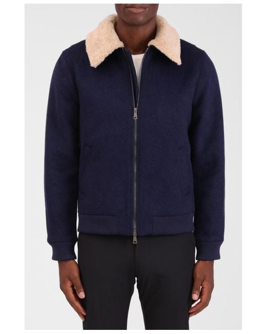 Bagatelle Homme Blue Wool Blend Faux Fur Collared Bomber Jacket for men