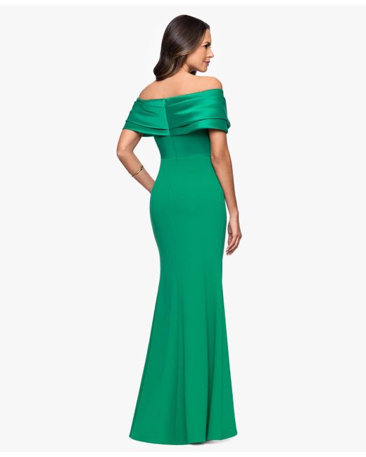 Betsy & Adam Green Off-the-shoulder Colorblocked Gown