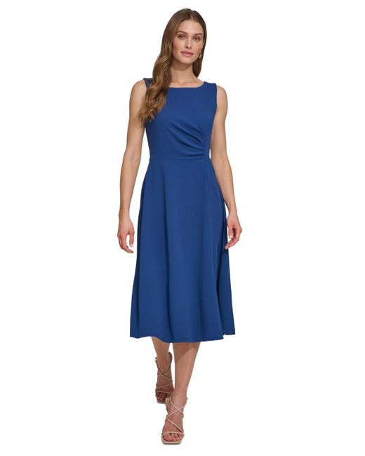 DKNY Blue Sleeveless Side-ruched Midi Dress