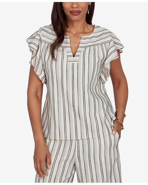 Ruby Rd White Petite Flutter-sleeve Textured Stripe Top