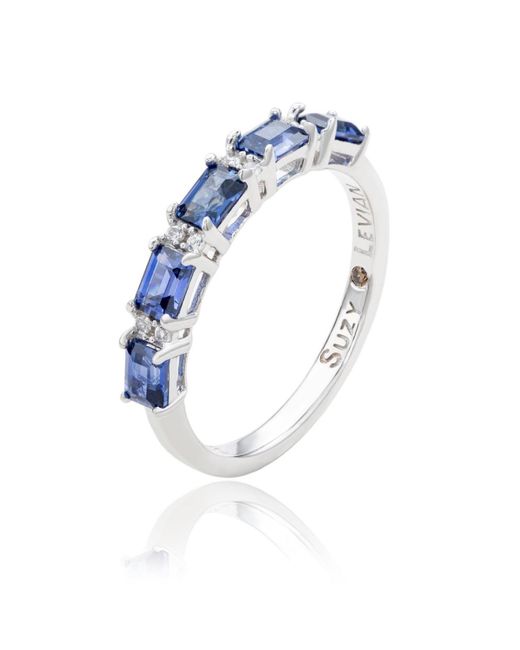 SUZY LEVIAN NEW YORK Blue Suzy Levian Sterling Silver Sapphire & Created White Sapphire 5 Stone Emerald Cut Thin Half Band Ring