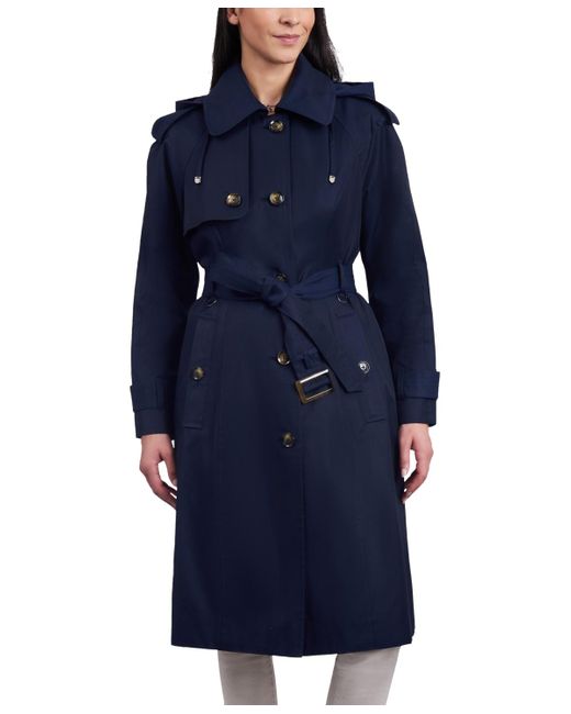 London Fog Blue Petite Single-breasted Hooded Belted Trench Coat