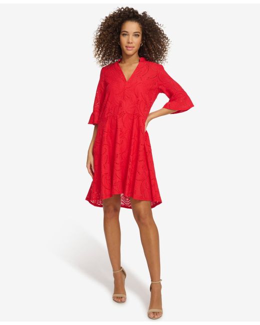 Kensie Red Cotton Eyelet Bell-sleeve High-low Dress
