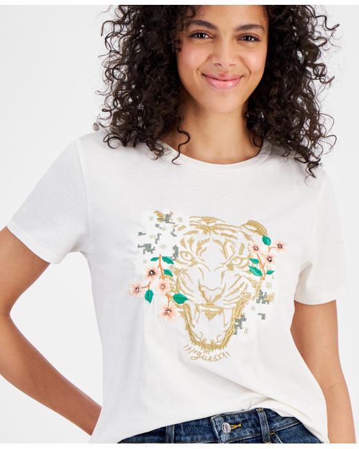 Guess White Embroidered Tiger Daisy Short-sleeve T-shirt