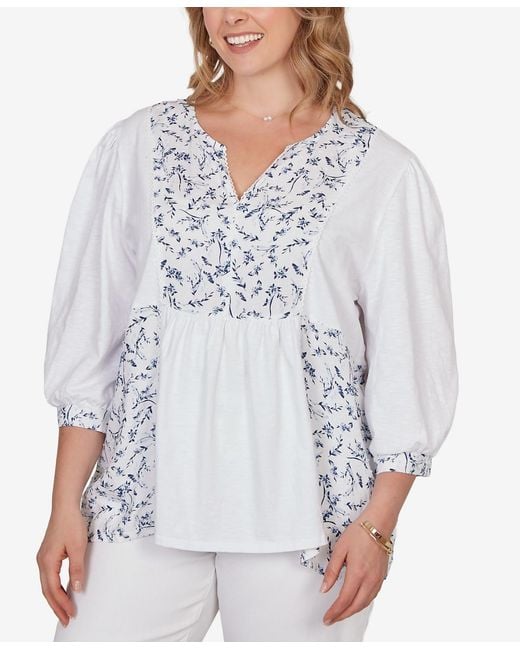 Ruby Rd White Plus Size Mixed Fabric Sharkbite Knit Top