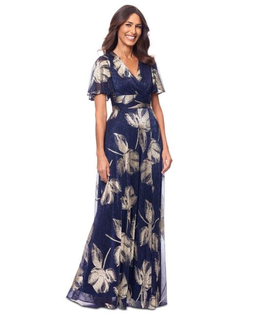 Betsy & Adam Blue Crinkled Flutter-sleeve Gown