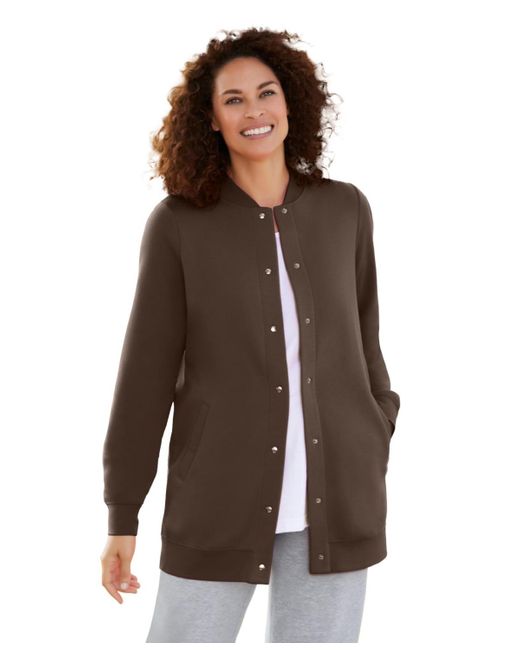 Woman Within Brown Plus Size Within Fleece Baseball Jacket