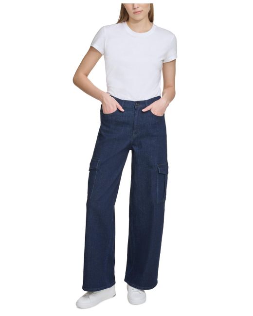 DKNY Blue High-rise Wide-leg Cargo Jeans