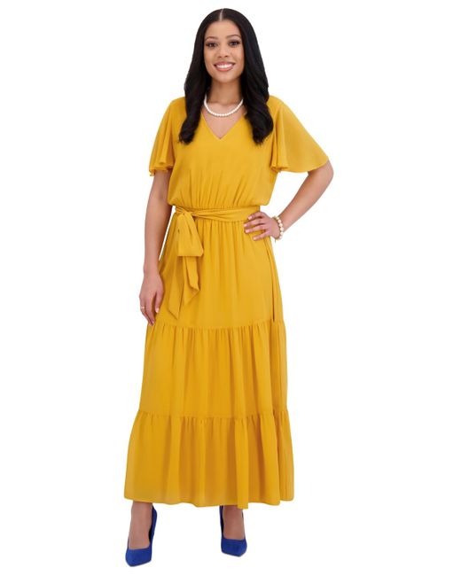 Kasper Yellow V-neck Flutter-sleeve Maxi Dress