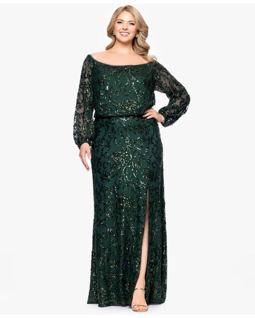 Xscape Plus Size Sequin Off-the-shoulder Side-slit Gown in Green | Lyst