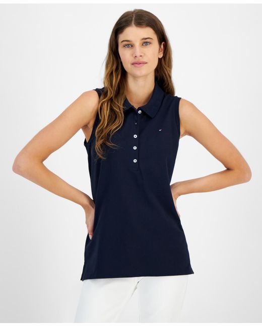 Tommy Hilfiger Blue Cotton Sleeveless Polo Top
