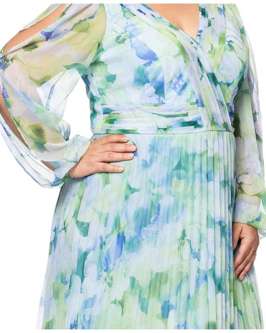 Betsy & Adam Blue Plus Size Floral Pleated Split-sleeve Gown