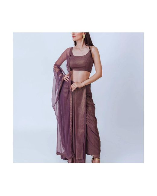 Ras Purple Shimmery Pleated Skirt And Embellished Crop Top Set