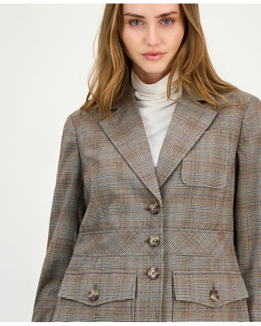 Anne Klein Brown Check-print Peak-lapel Three-pocket Jacket