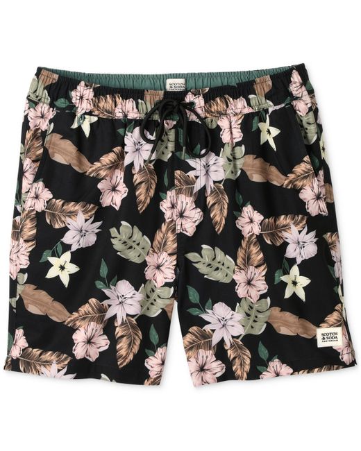 Scotch & Soda Black Nostalgia Floral-print Drawstring Swim Trunks for men