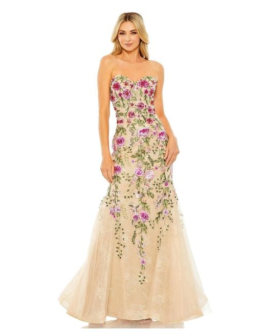 Mac Duggal Metallic Strapless Sheer Bustier Embroidered Mermaid Gown