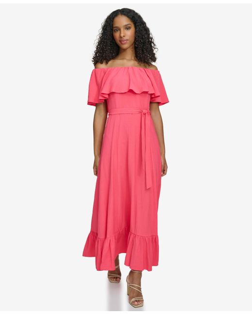 Calvin Klein Pink Off-the-shoulder Flounce Maxi Dress