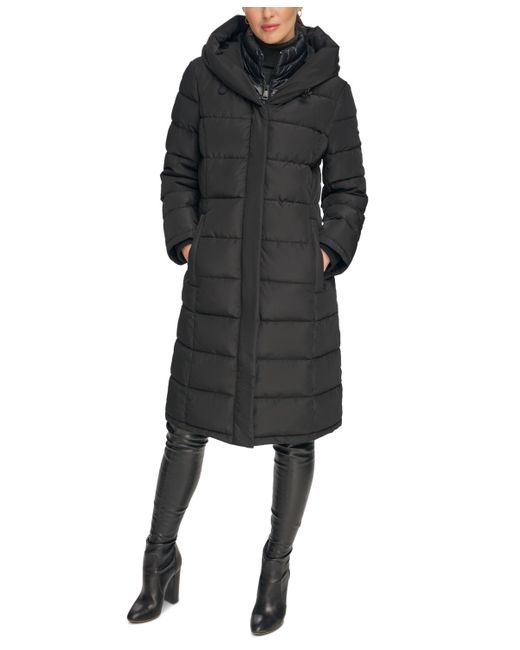 DKNY Black Petite Bibbed Hooded Puffer Coat