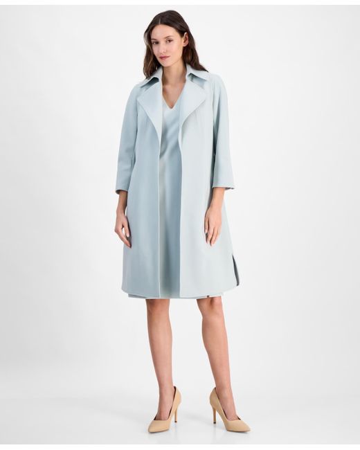 Anne Klein Blue Stretch Wide-collar Open-front Long Jacket