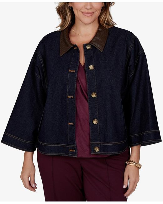 Ruby Rd Blue Plus Size Stretch 3/4-sleeve Denim Jacket