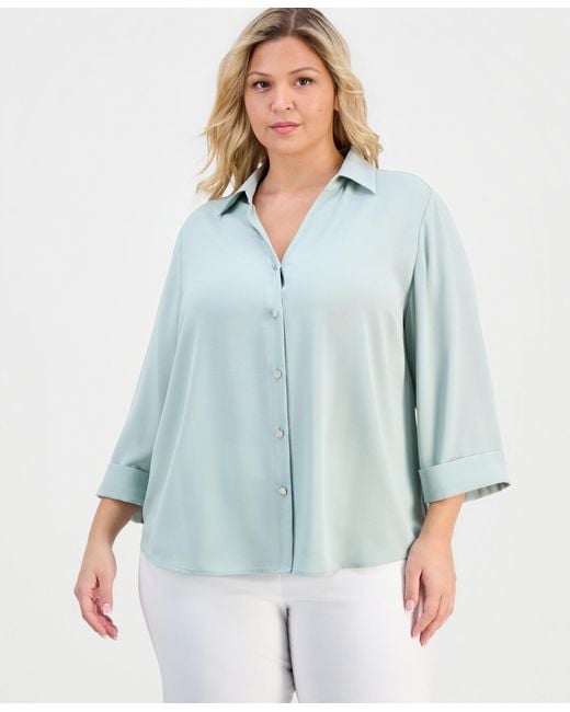 Anne Klein Essentials Blue Plus Size Collared Button-front Shirt