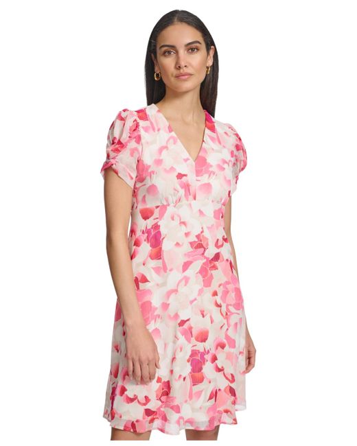 Calvin Klein Pink Petite Printed V-neck Short-sleeve A-line Dress