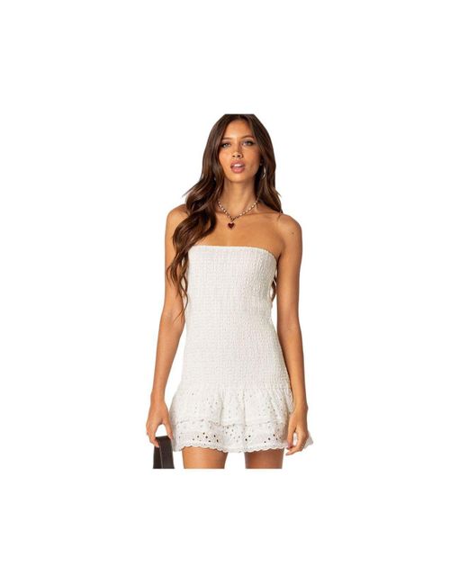 Edikted Livia Lacey Cotton Scrunch Mini Dress in White | Lyst