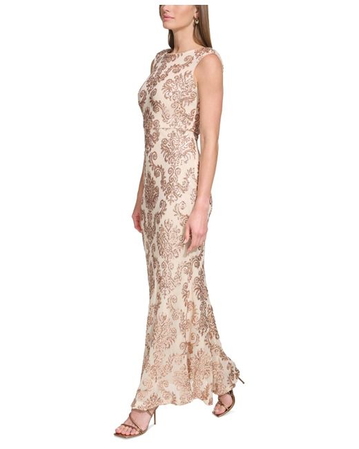 Vince Camuto Natural Sequin Embellished Boat Neck Sleeveless Gown