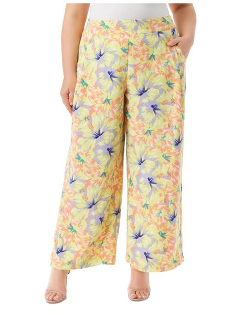 Jessica Simpson Yellow Trendy Plus Size Printed Winnie Wide-leg Pants