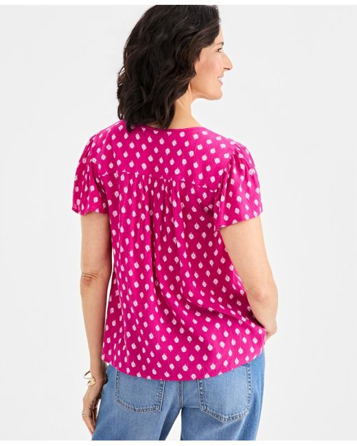 Style & Co. Pink Printed Split-neck Flutter-sleeve Blouse