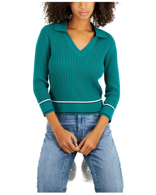 Tommy Hilfiger Cotton Johnny-collar Cable-knit Sweater in Blue | Lyst
