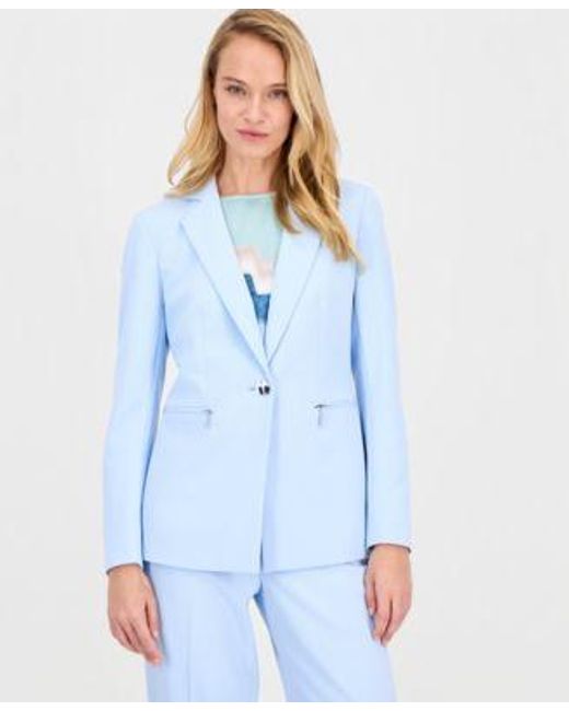 Anne Klein Blue Notch Collar One Button Jacket Printed Boat Neck Short Sleeve Top High Rise Wide Leg Pants