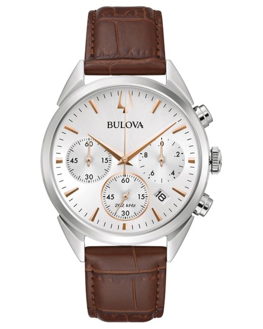 Bulova Gray Chronograph High Precision Brown Leather Strap Watch 42mm for men