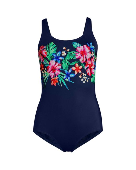Lands' End Blue Long Scoop Neck Soft Cup Tugless Sporty One Piece Swimsuit Print