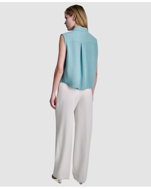 DKNY Blue Sleeveless Collared Top