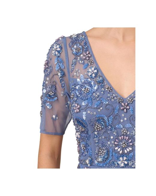 Adrianna Papell Blue V-neck Beaded Short-sleeve Mesh Gown