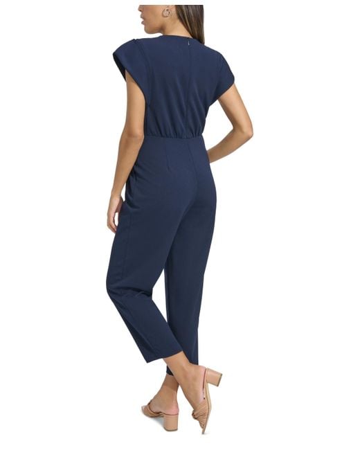 Calvin Klein Blue Short-sleeve Smocked-waist Jumpsuit