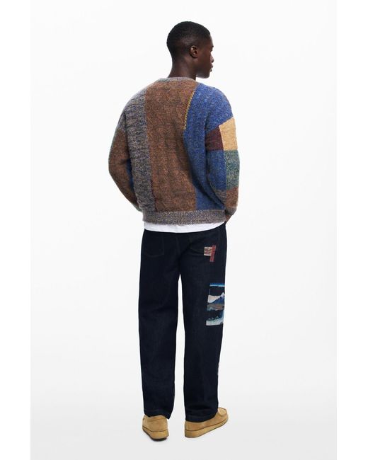Desigual Blue Thick Patchwork Sweater for men