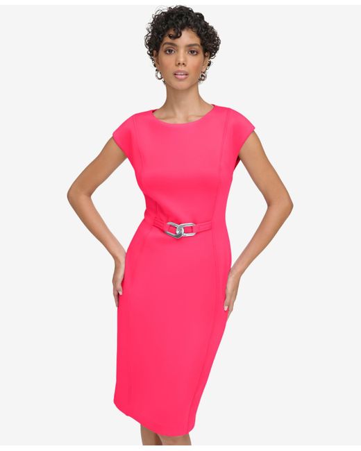 Calvin Klein Pink Waist-detail Boat-neck Sheath Dress