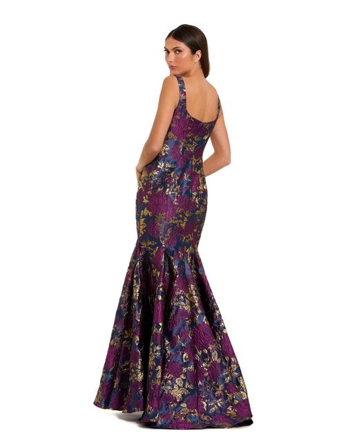 Mac Duggal Purple Sleeveless Floral Brocade Trumpet Gown