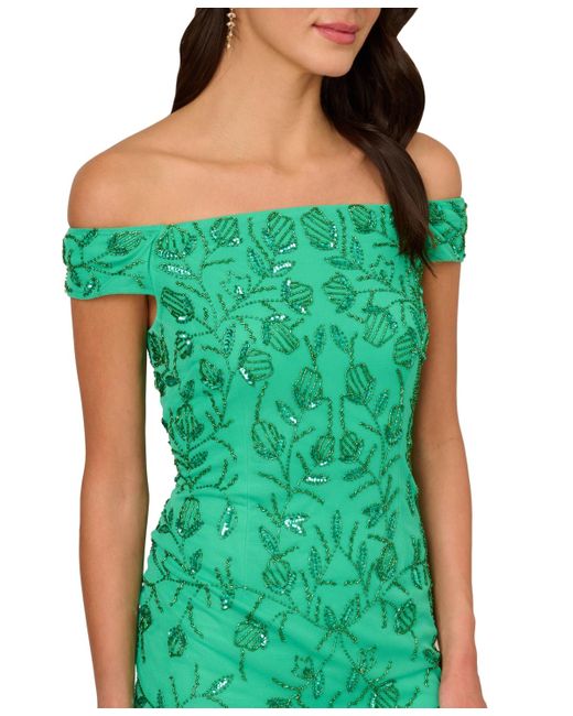 Adrianna Papell Green Beaded Off-the-shoulder Dress