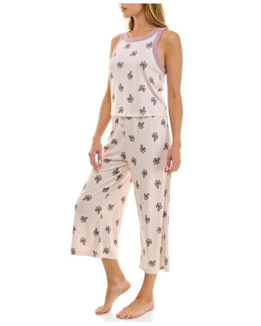 Roudelain White 2-piece Contrast Binding Sleeveless T-shirt And Pajama Set